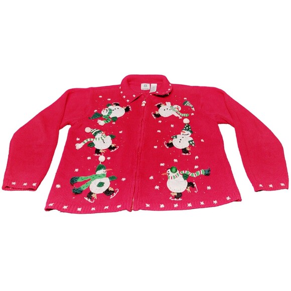Holiday Time Sweaters - Tiara Christmas Cardigan Zippered Beaded Sweater Holiday Snowmen Size 18.5
